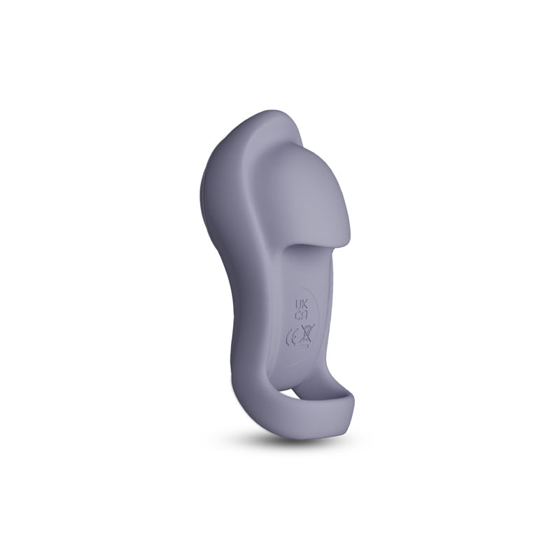 Gray app-controlled rechargeable finger vibrator with UKCA marking.