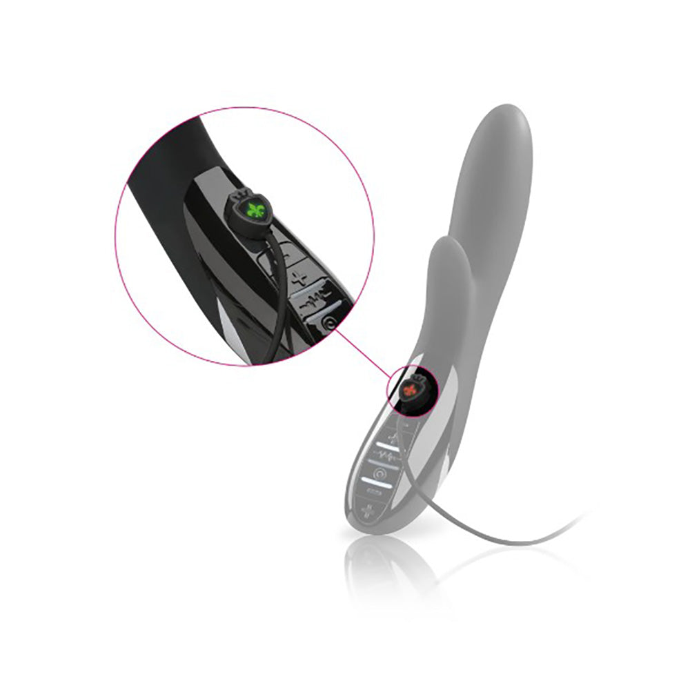 Black silicone vibrator with a green clover button and a red button.