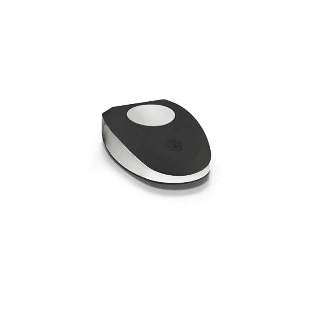 Black and silver vibrating prostate massager with a circular indentation.