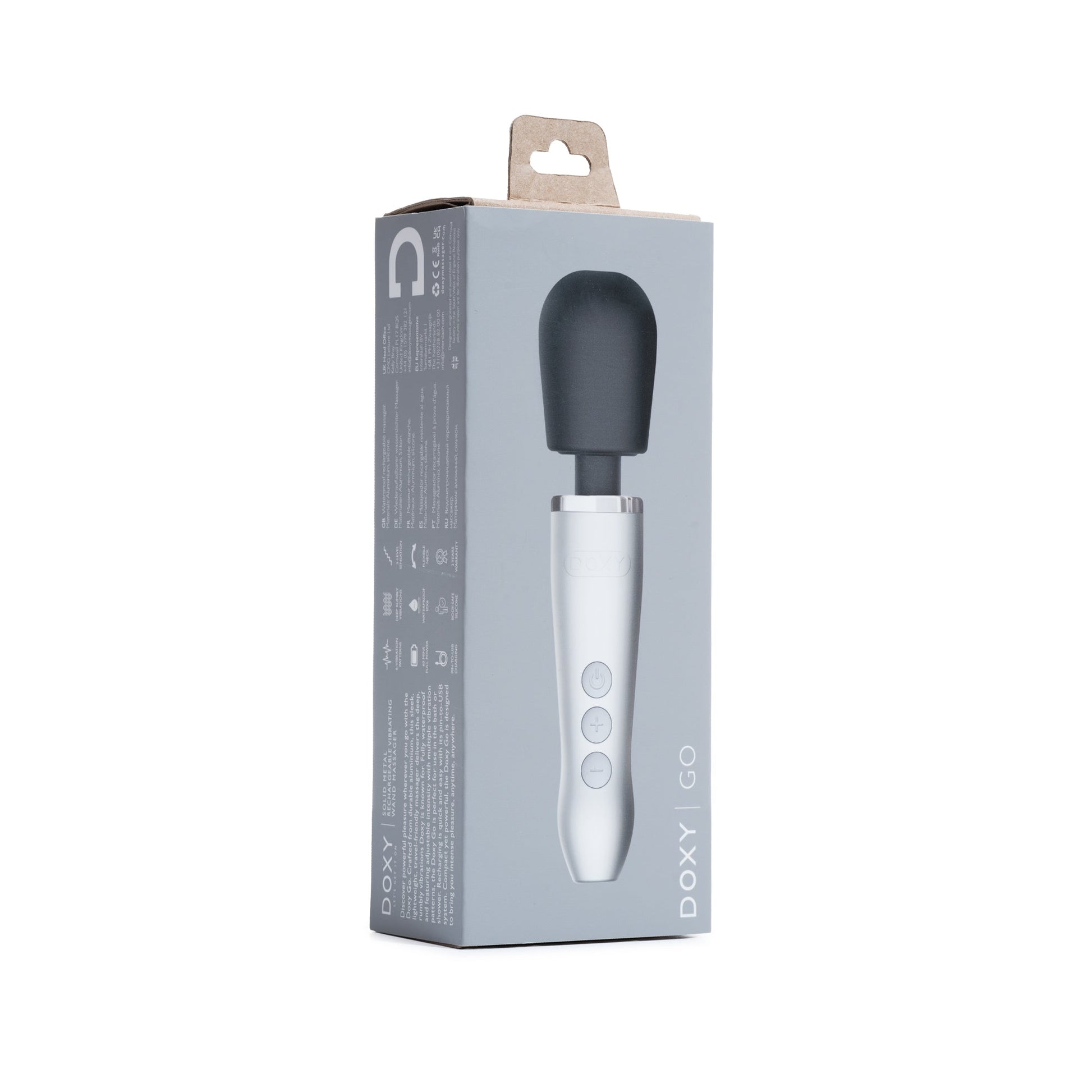 Waterproof compact wand massager in brushed metal.