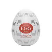 Tenga EGG Boxy male masturbator with textured interior and red branding.