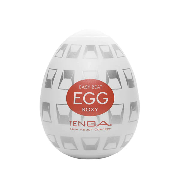 Tenga EGG Boxy male masturbator with textured interior and red branding.