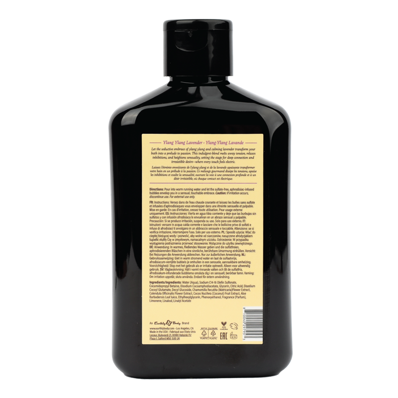 Bouteille noire de bain moussant Ylang Ylang Lavender Aphrodisiac.