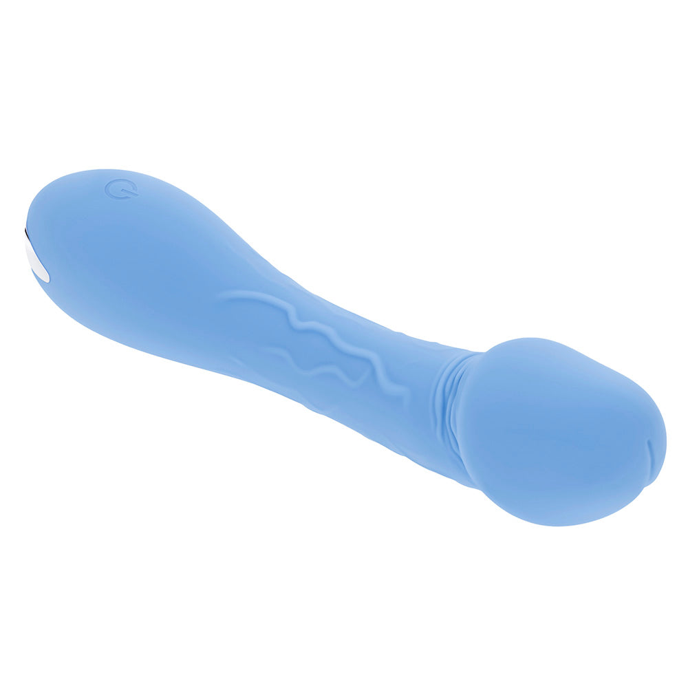 A blue silicone vibrator with a curved shaft and a textured middle section.
