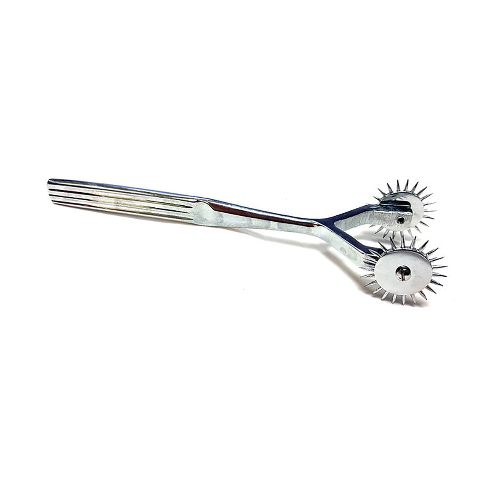 Stainless steel Wartenberg pinwheel with two spiked wheels.