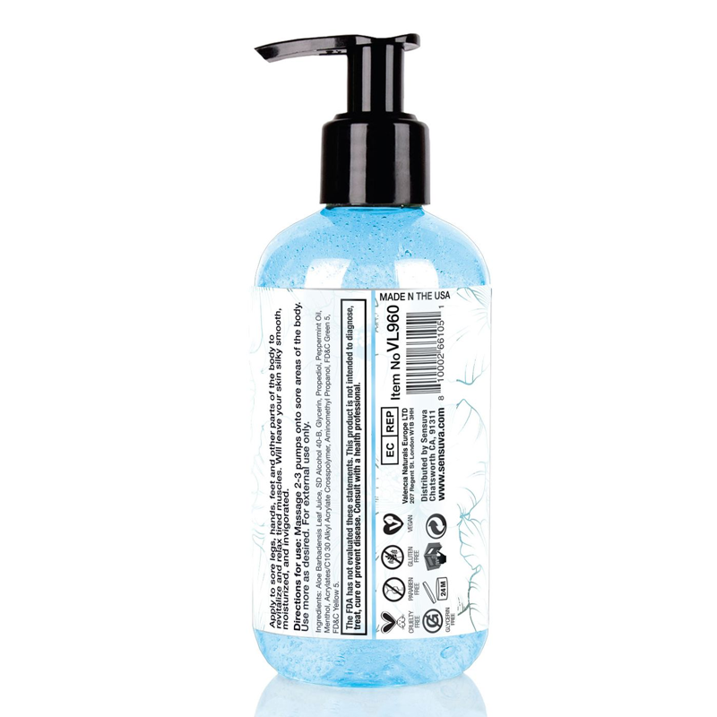 A blue body gel in a pump bottle with product information.