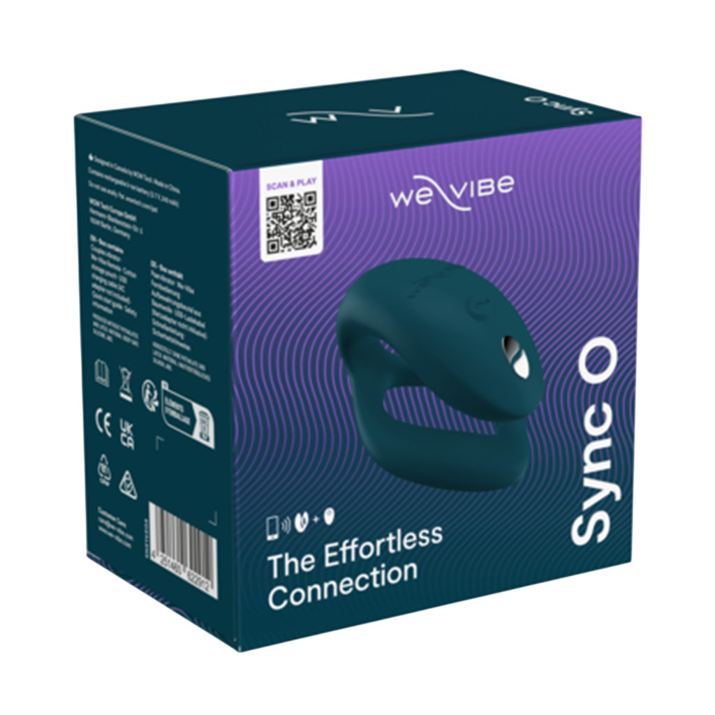 We-Vibe Sync O couples vibrator in teal on a dark blue box with wavy purple lines.