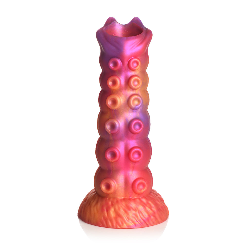Pink and purple silicone dildo with segmented ribs and a flared base.