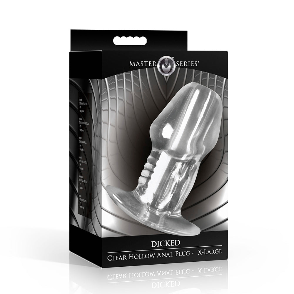 Clear hollow anal plug with flared base, X-large.
