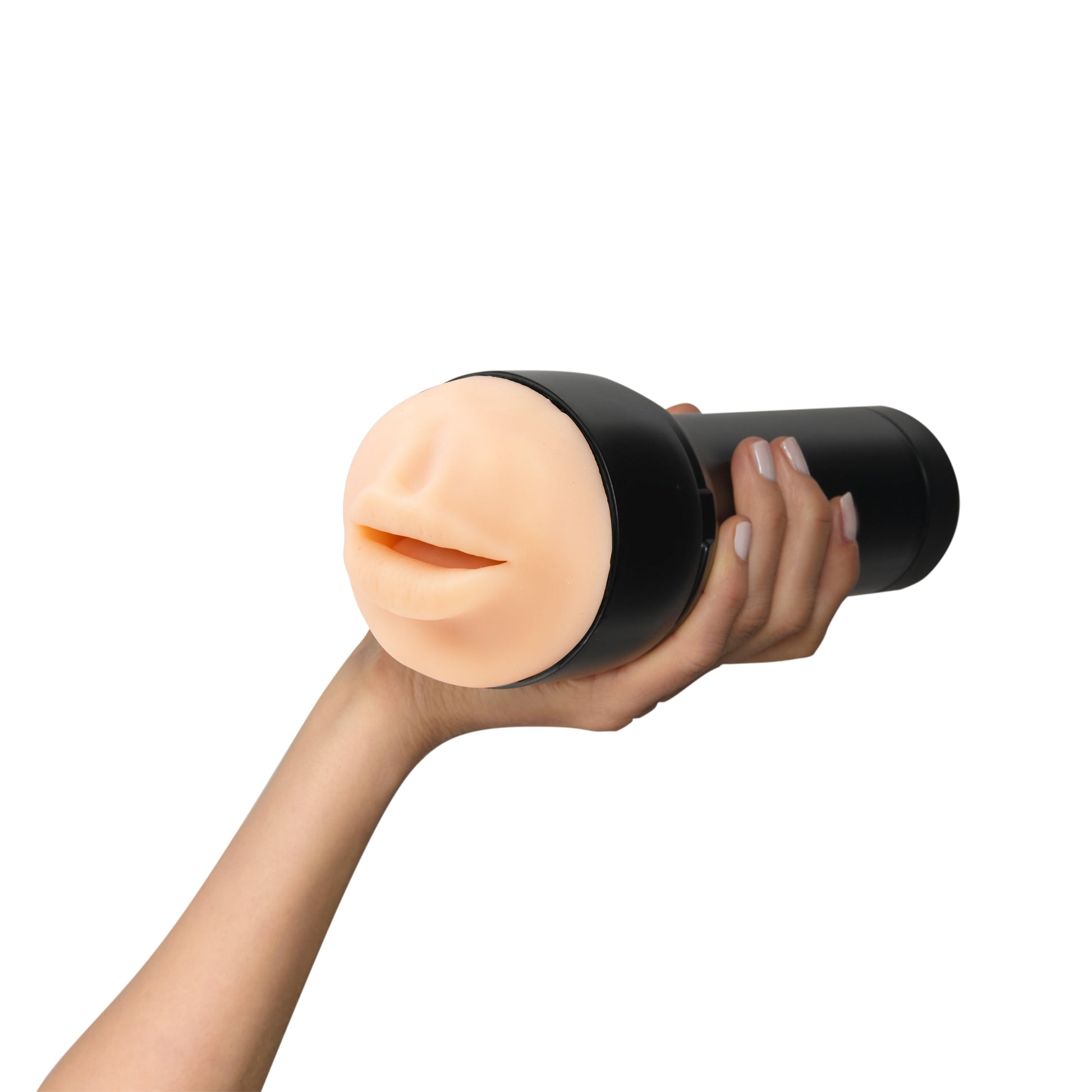 A hand holds a black and flesh-toned realistic mouth stroker.