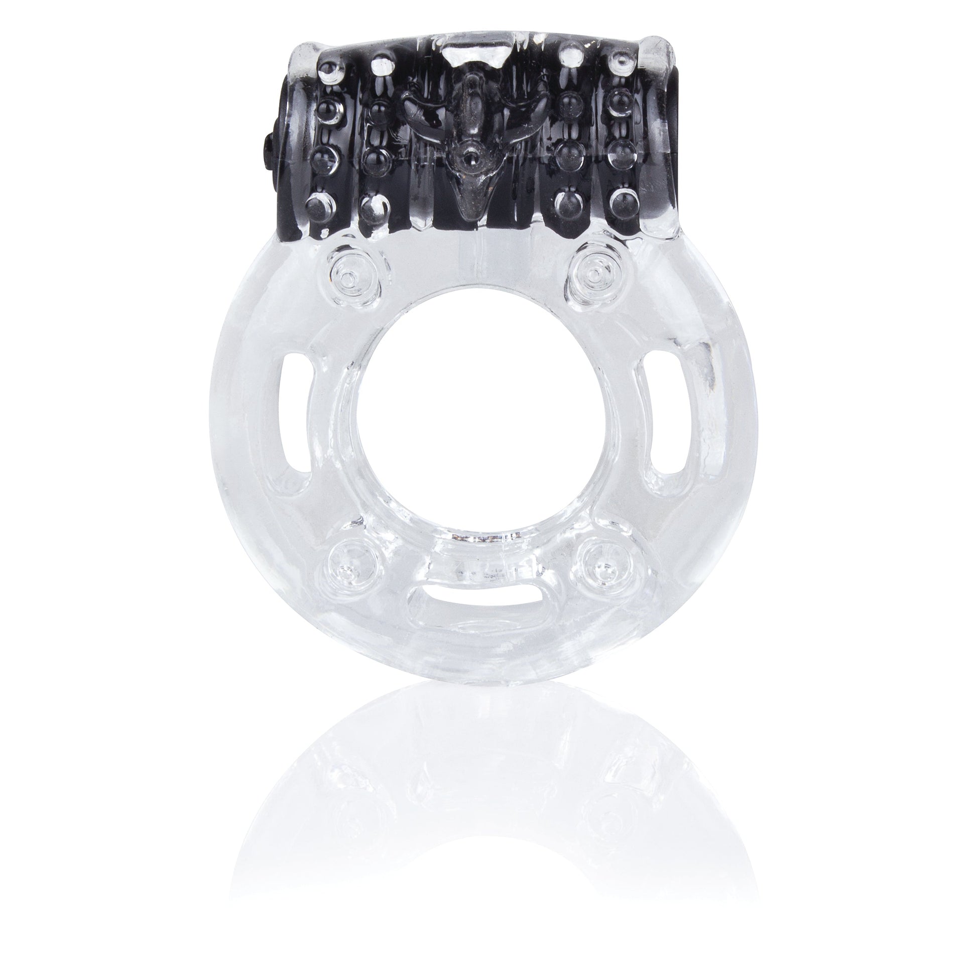 A clear vibrating cock ring with black textured accents.