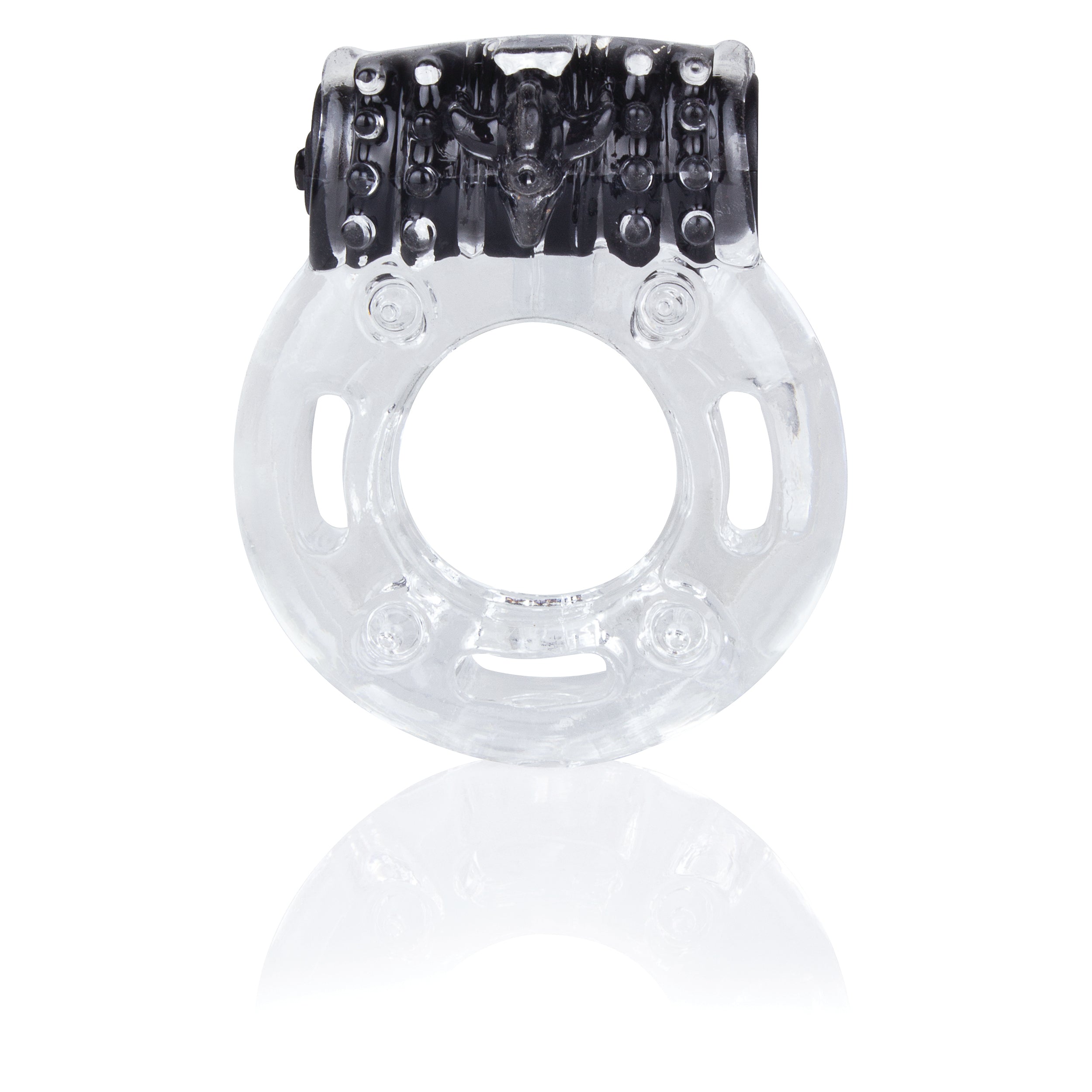 A clear vibrating cock ring with black textured accents.