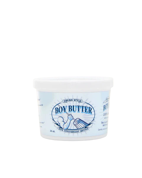 Boy Butter 20th Anniversary Edition tub of churn-style oil-based personal lubricant.