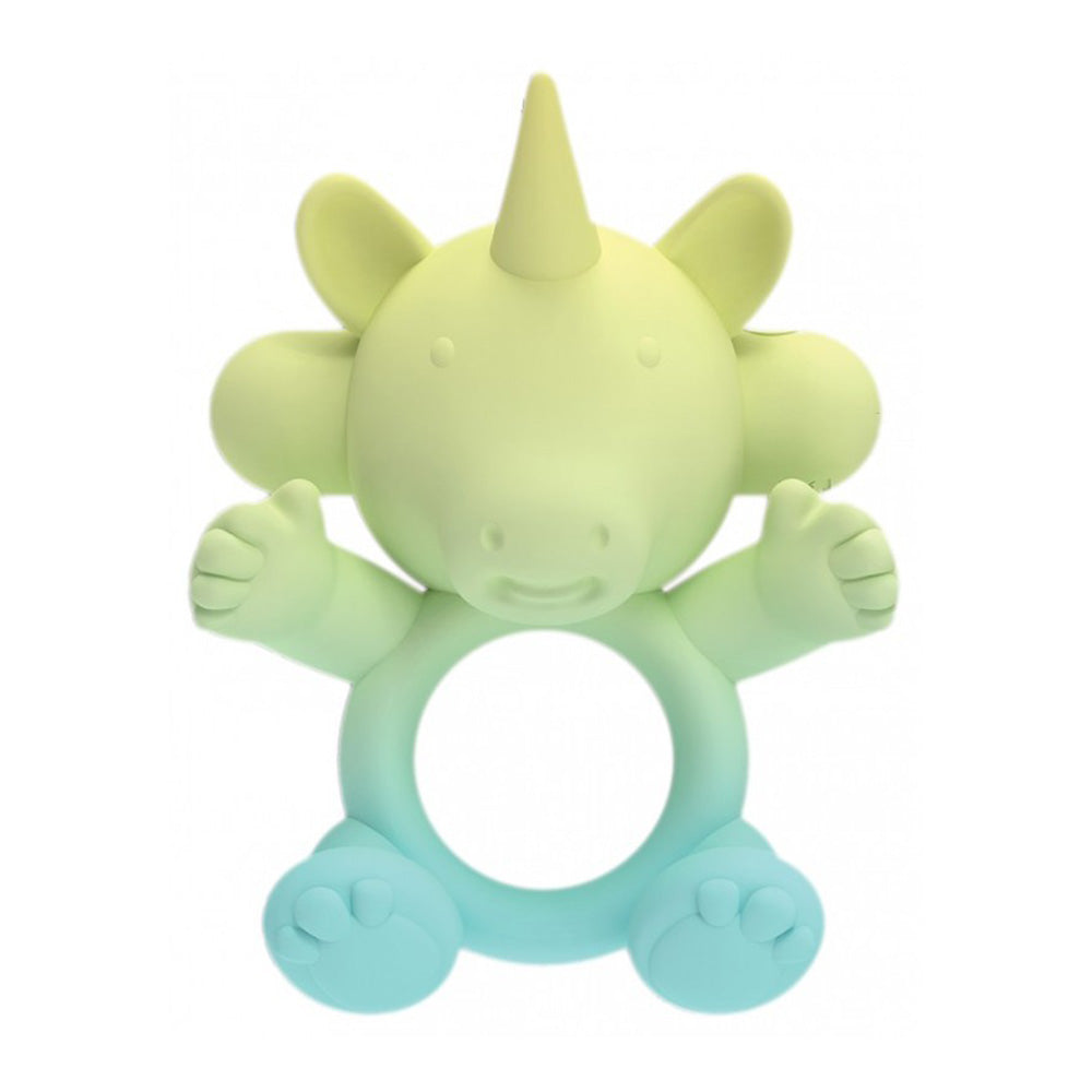 A green and blue unicorn-shaped teething ring with a horn and arms.