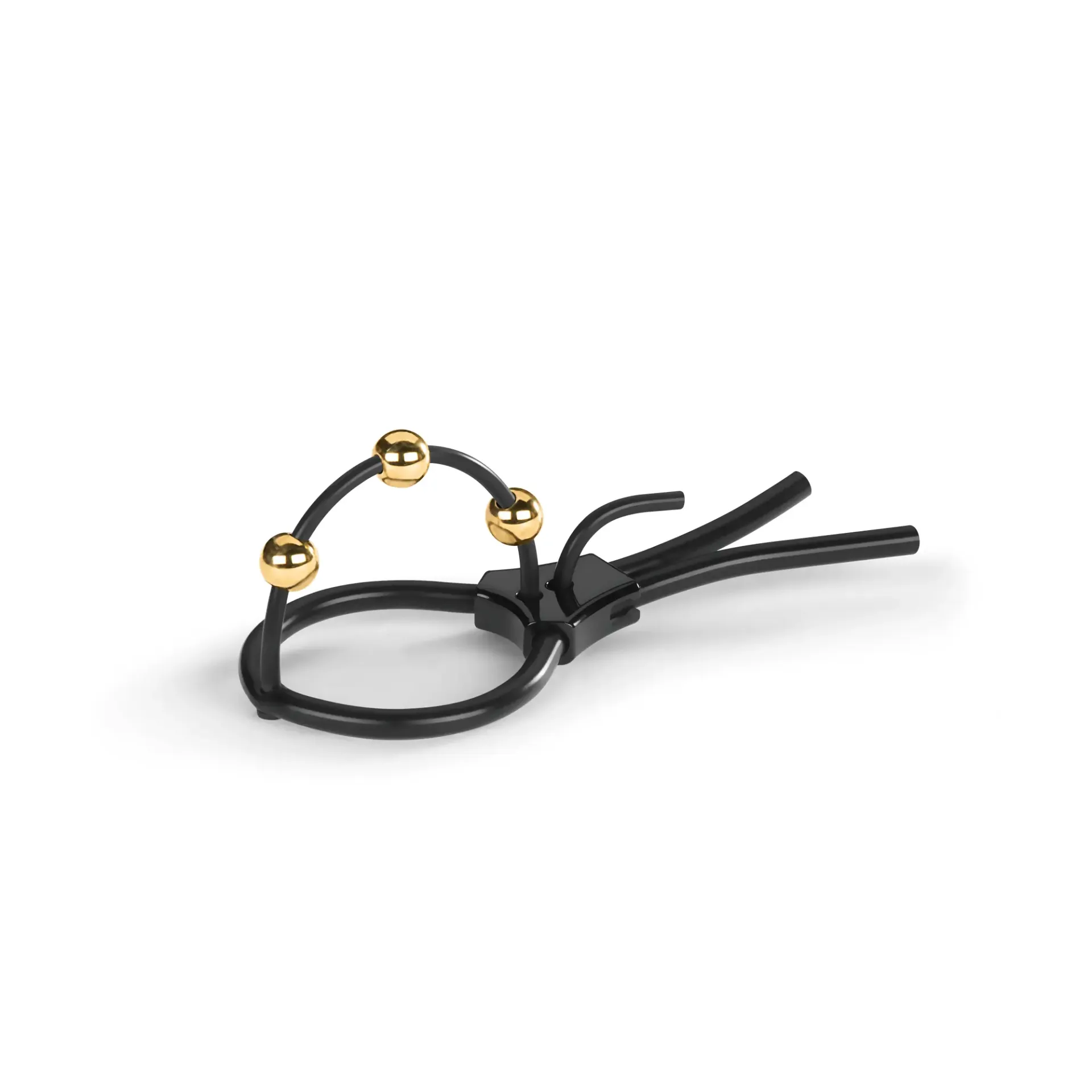 Black E-stim corona strap with three gold-plated balls.