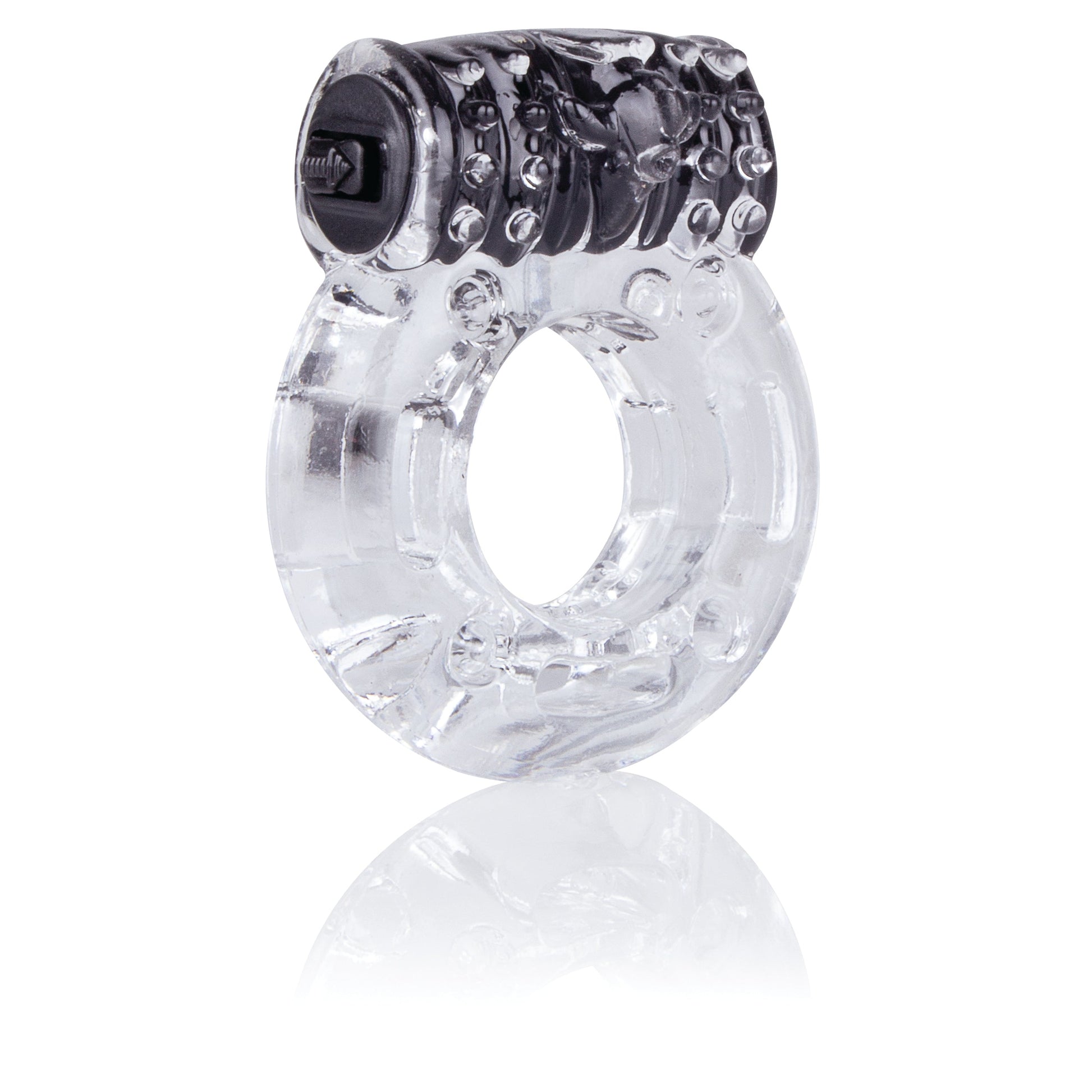 A clear vibrating cock ring with a black textured top.