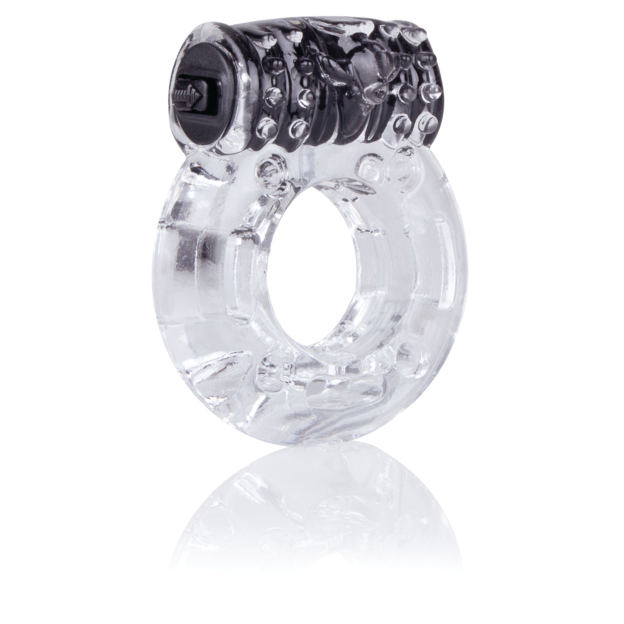 A clear vibrating cock ring with a black textured top.