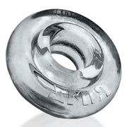 Clear, soft rubber cock ring with embossed text.