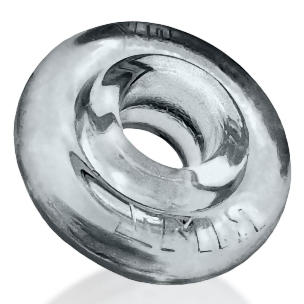 Clear, soft rubber cock ring with embossed text.