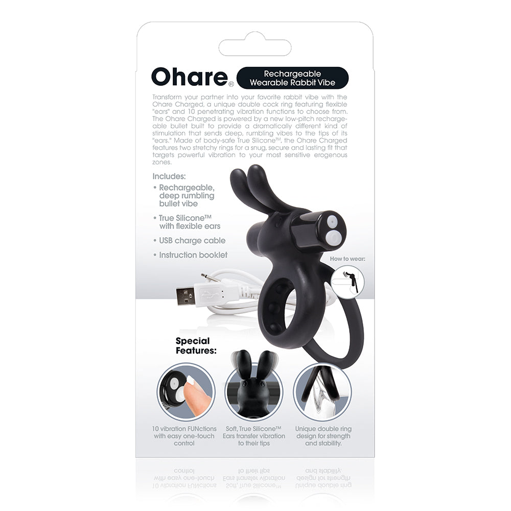 Black rechargeable wearable rabbit vibe with USB charging cable.