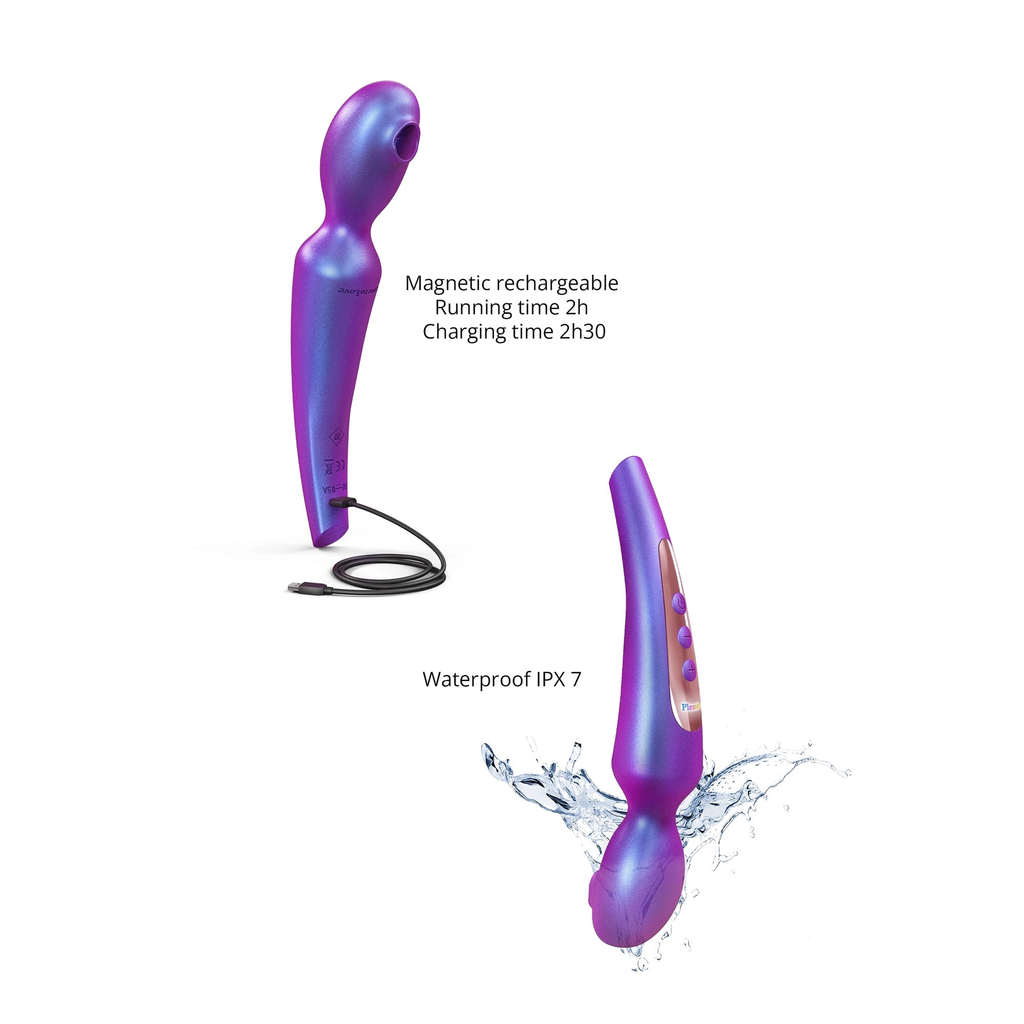 A purple iridescent wand vibrator with a USB charging cable and water splash.
