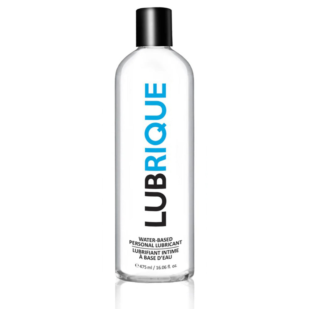 Clear bottle of Lubrique water-based personal lubricant with blue text.