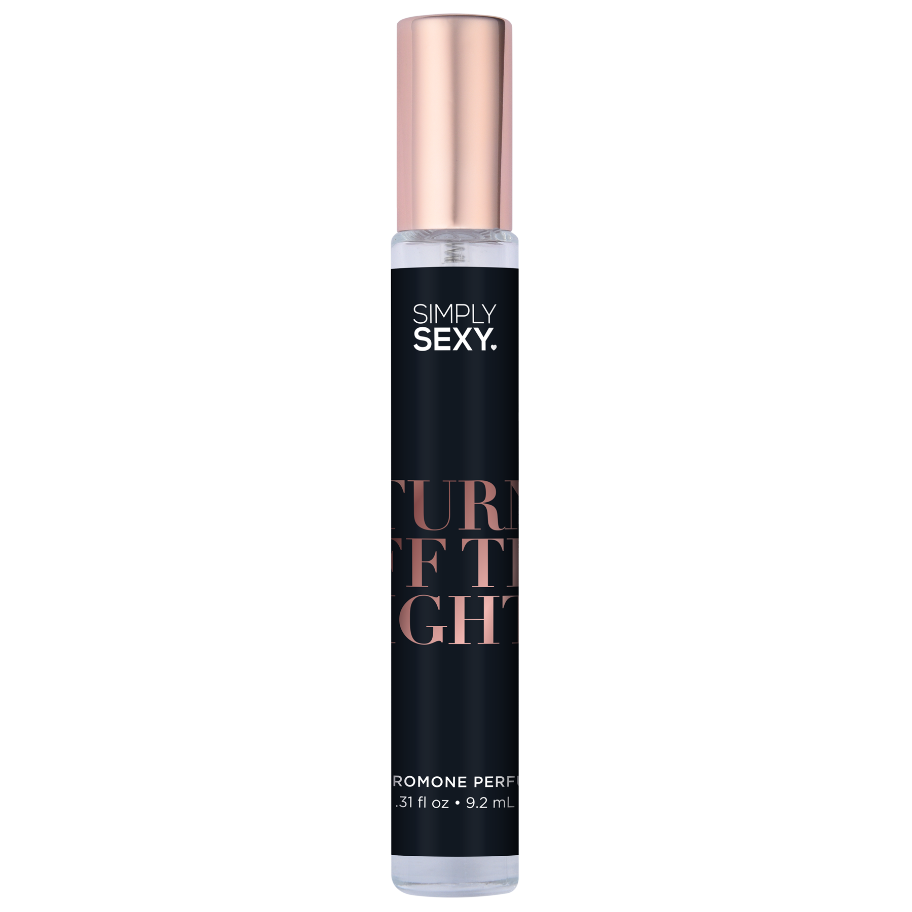 Simply Sexy Turn Off The Lights Pheromone Perfume Spray with rose gold cap.