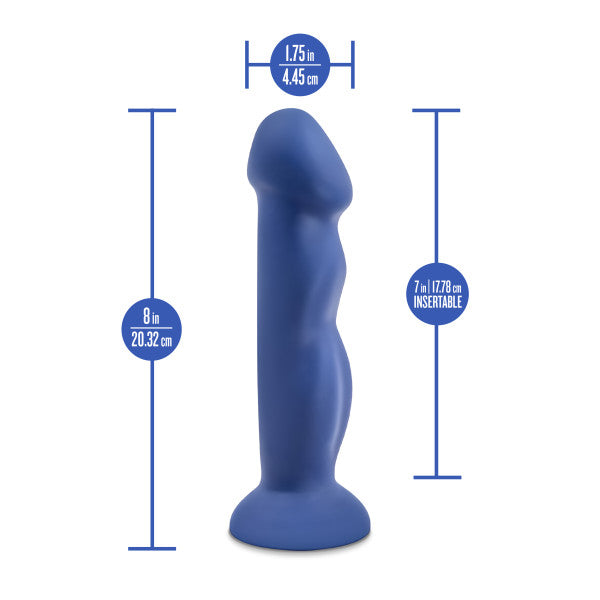 Blue silicone G-spot dildo with dimensions labeled.