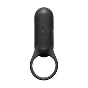 Black rechargeable silicone vibrating cock ring with a loop.