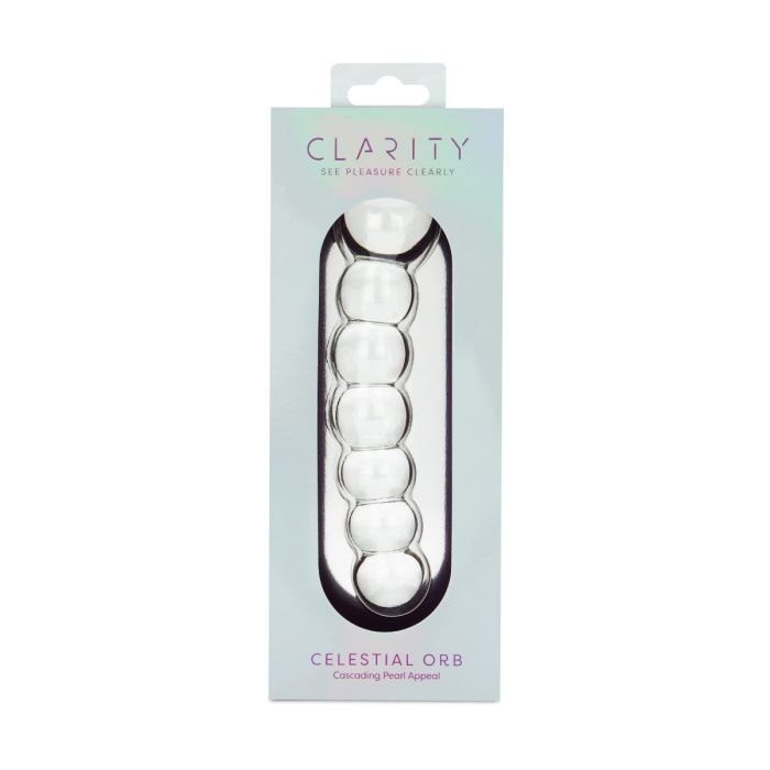 A clear glass dildo with five connected orbs, packaged in a box.