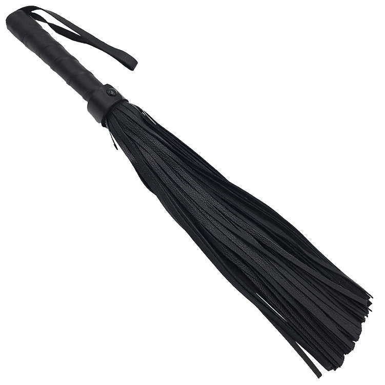 Black leather flogger with a leather handle.
