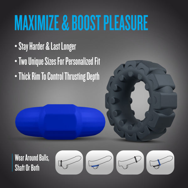 Two silicone cock rings, one smooth and one textured, with diagrams showing placement.
