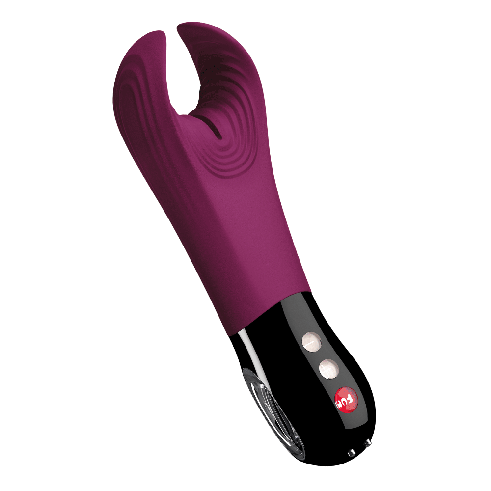 A garnet-colored textured stroker and vibrator with a black base and buttons.