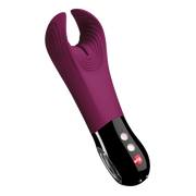 A garnet-colored textured stroker and vibrator with a black base and buttons.