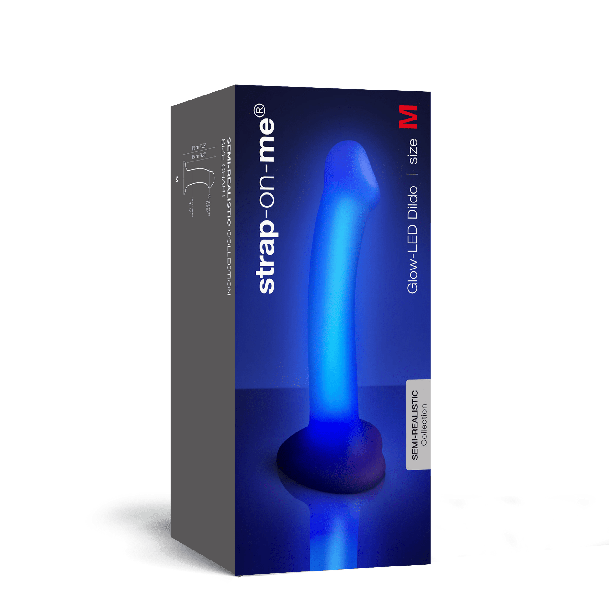 A purple silicone dildo with LED lights on a box.