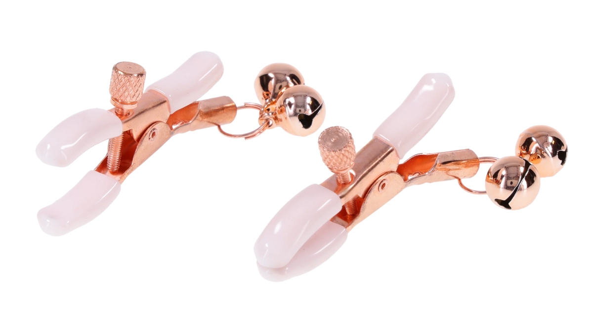 Rose gold nipple clamps with adjustable tension and small bells.