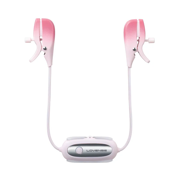 Pink and white vibrating nipple clamps with a central control unit.
