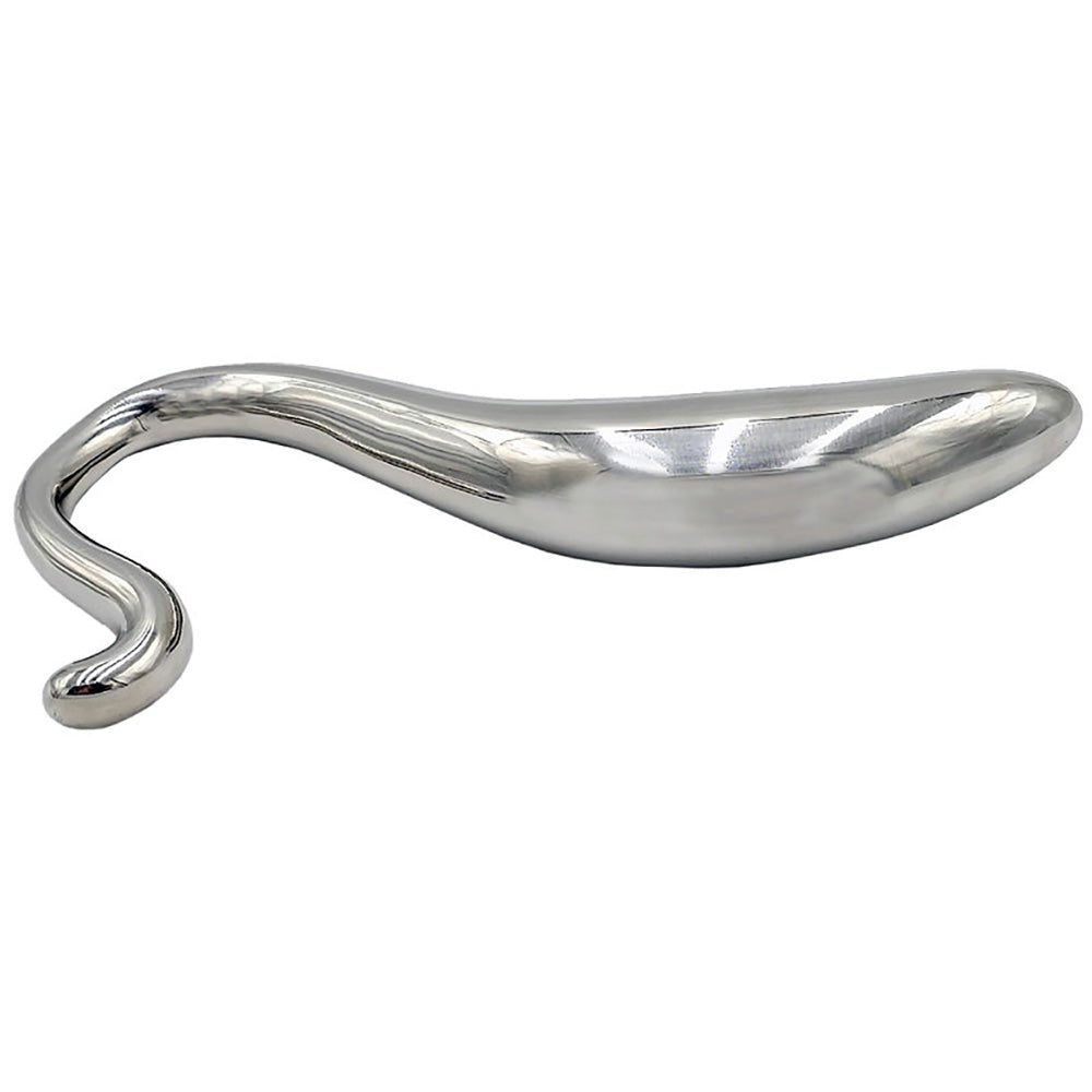 Curved stainless steel hollow wand massager with a smooth, polished finish.