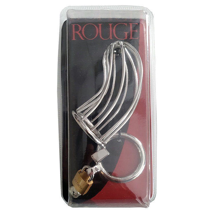 Stainless steel chastity cage with padlock and open design.