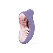 A purple clitoral stimulator with a rose gold textured insert.