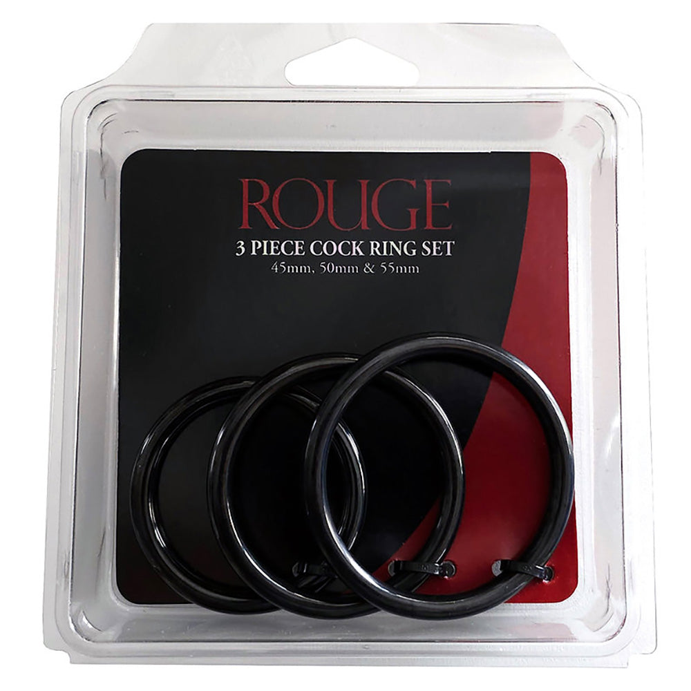 Three black stainless steel cock rings in a clear plastic package.