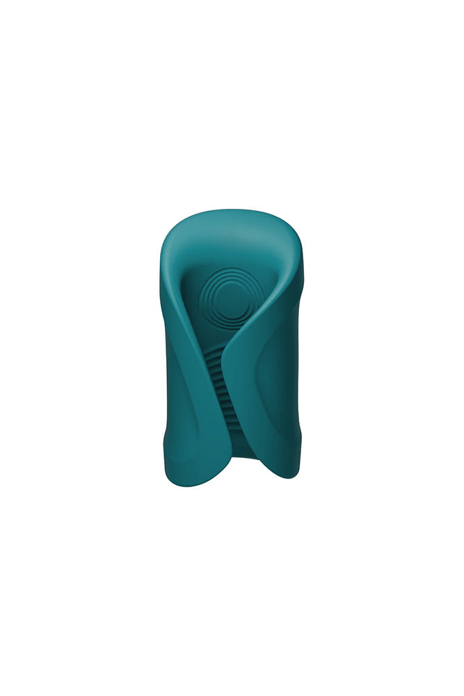 Teal Gush 2 app-controlled glans massager with textured inner surface.