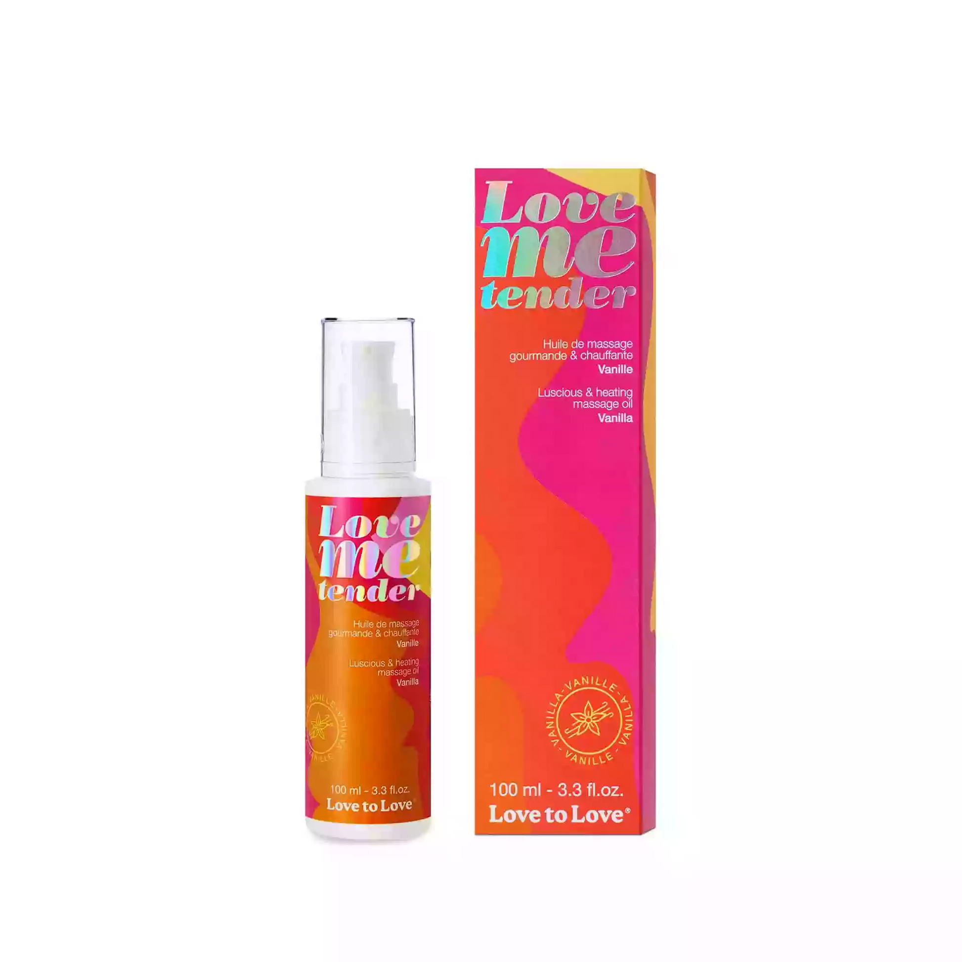 Love to Love Vanilla Warming Massage Oil bottle and box.