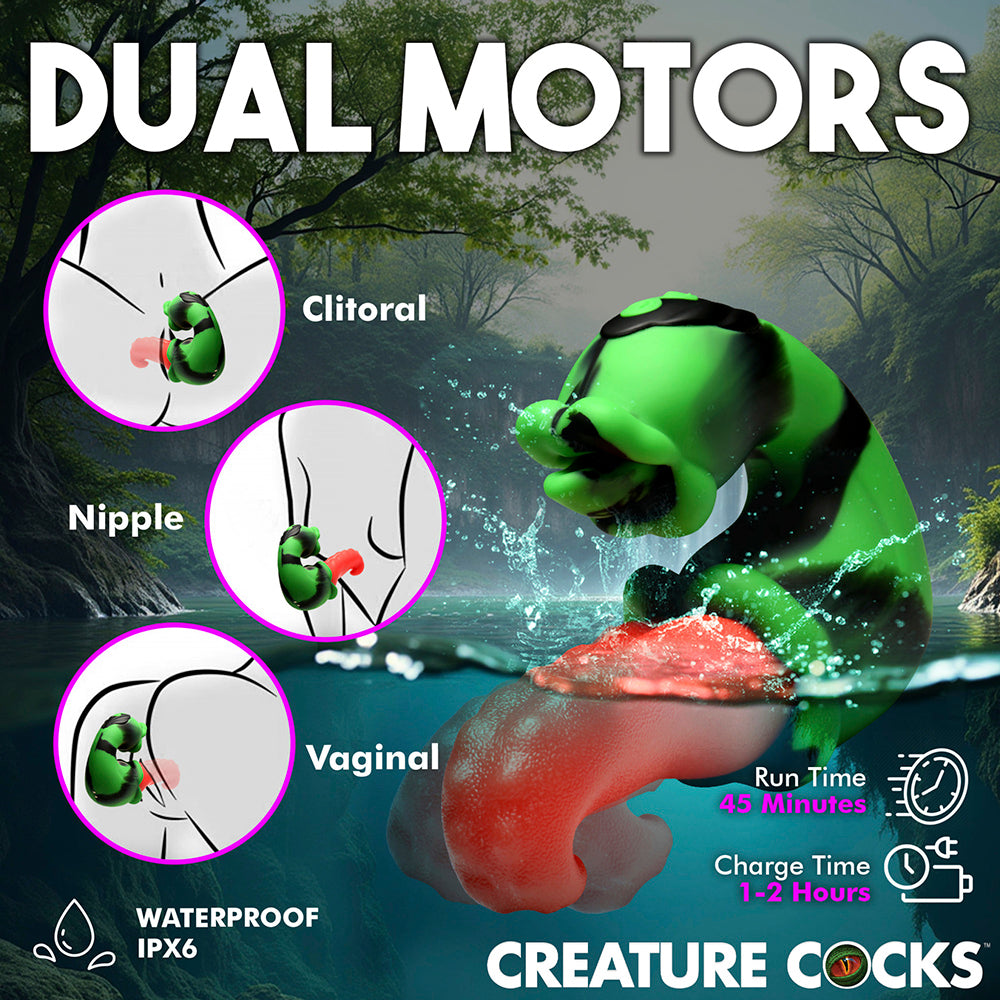 Green and black dual motor vibrator with clitoral, nipple, and vaginal stimulation icons.