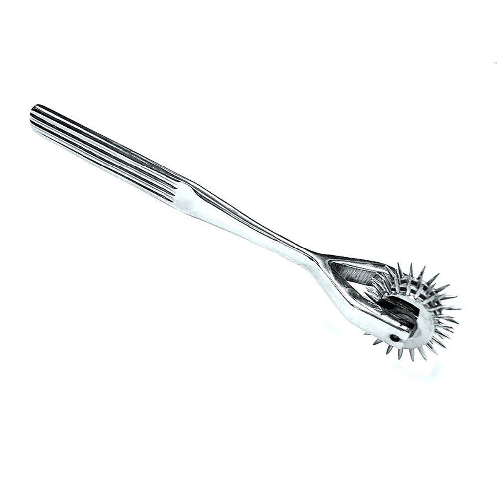 Triple head stainless steel sensory pinwheel with a ribbed handle.