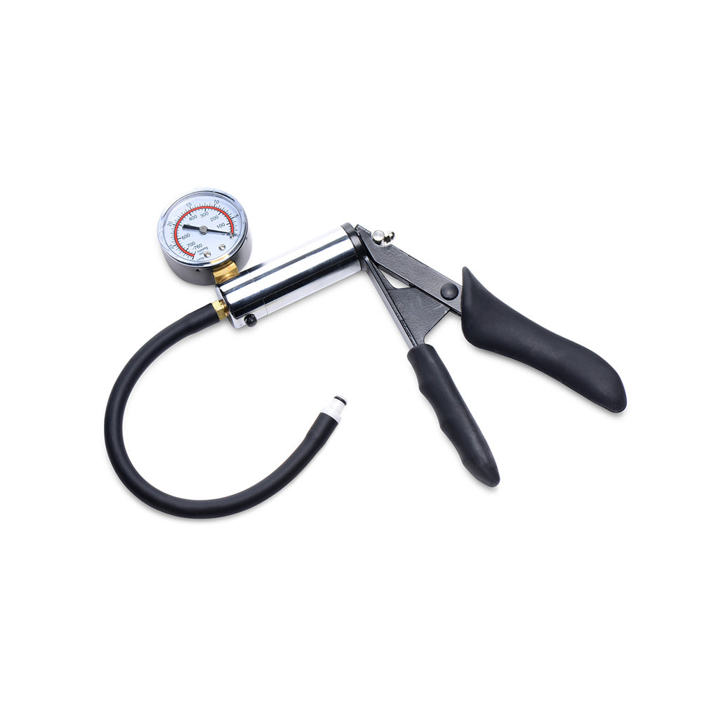 Penis pump kit with pressure gauge and black hose.