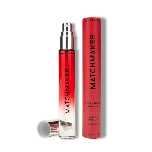 Red Matchmaker pheromone parfum with a clear bottle and red tube.
