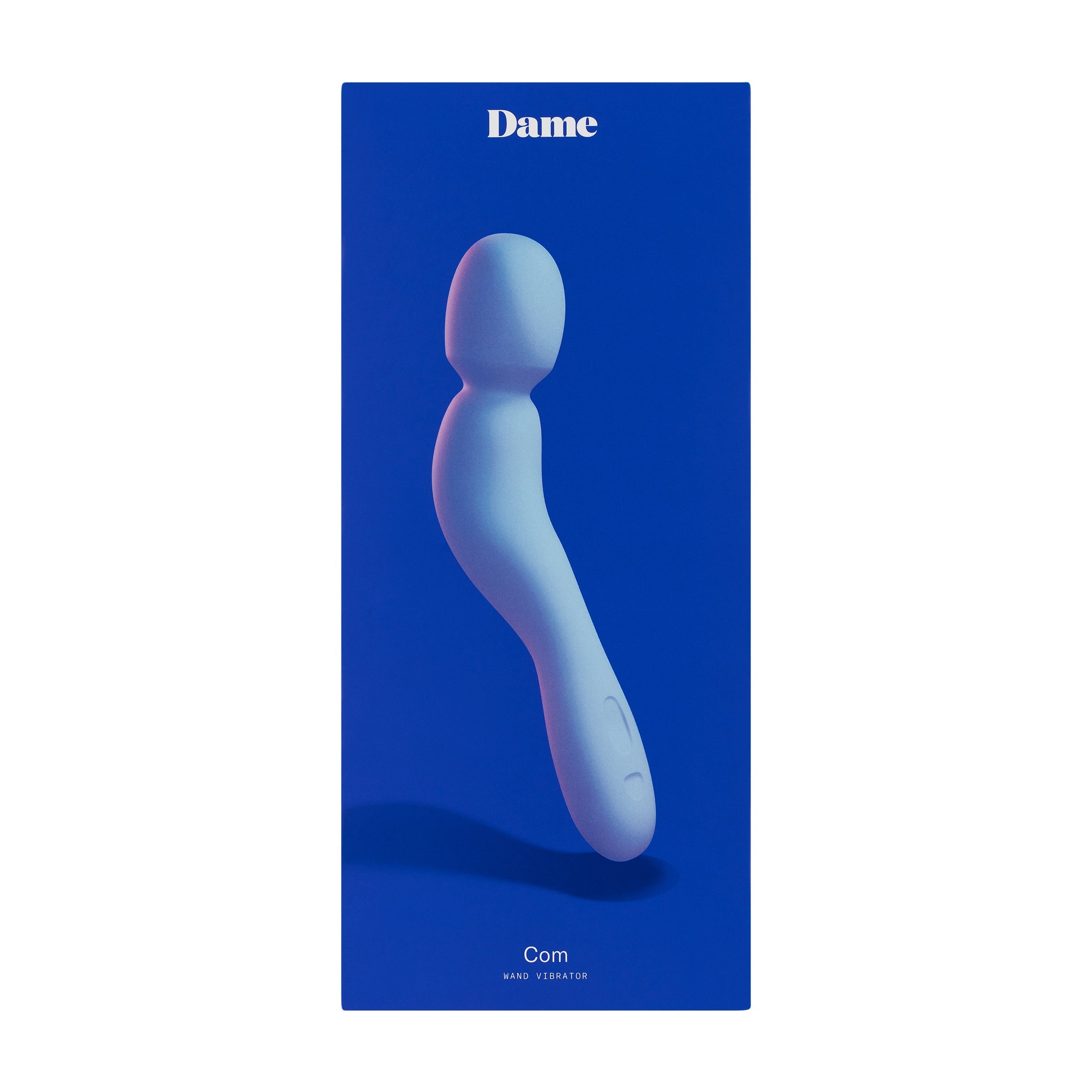 A periwinkle silicone wand vibrator by Dame.