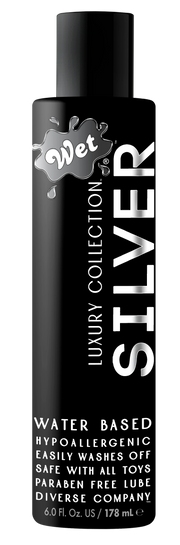 Wet Silver water-based lubricant in a black bottle with white text.