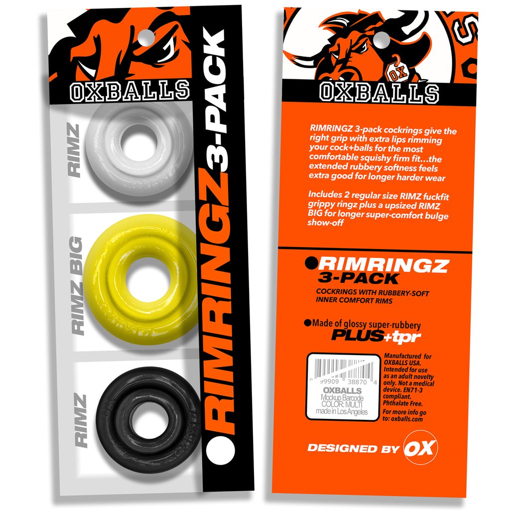 OXBALLS Shockwave 3-pack cock rings in white, yellow, and black.